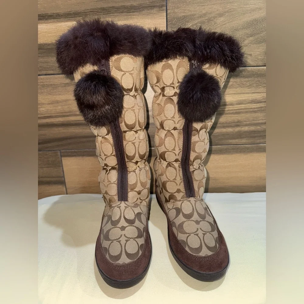 Coach Theona Y2K Signature Monogram Jacquard Rabbit Fur Brown Women’s Boots 8.5